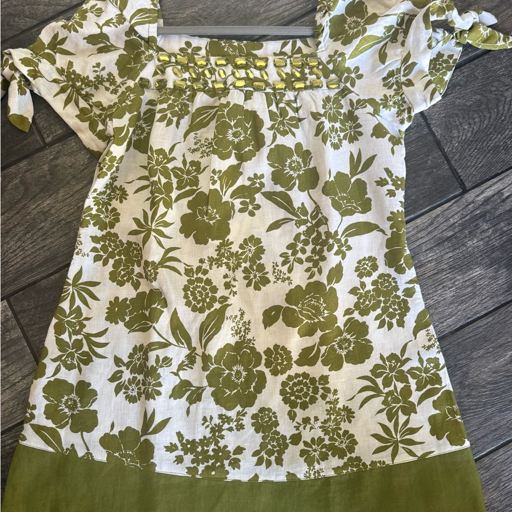 Alexandra Bartlett 100% linen chartreuse green white floral tunic top M NWT Puff
